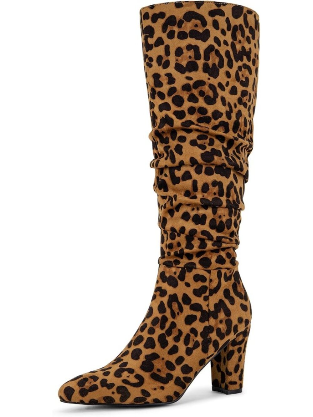 🆕Women's Leopard Slouchy Pointed Toe Knee High Boots Chunky Block Heel Shoes